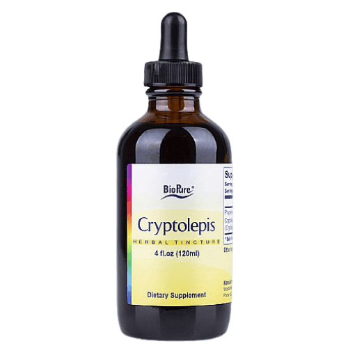 Brown bottle with black cap, labeled Cryptolepis Herbal Tincture by BioPure, 4 oz