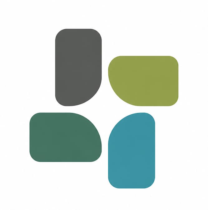 Four rounded-corner shapes in gray, green, teal, and olive.
