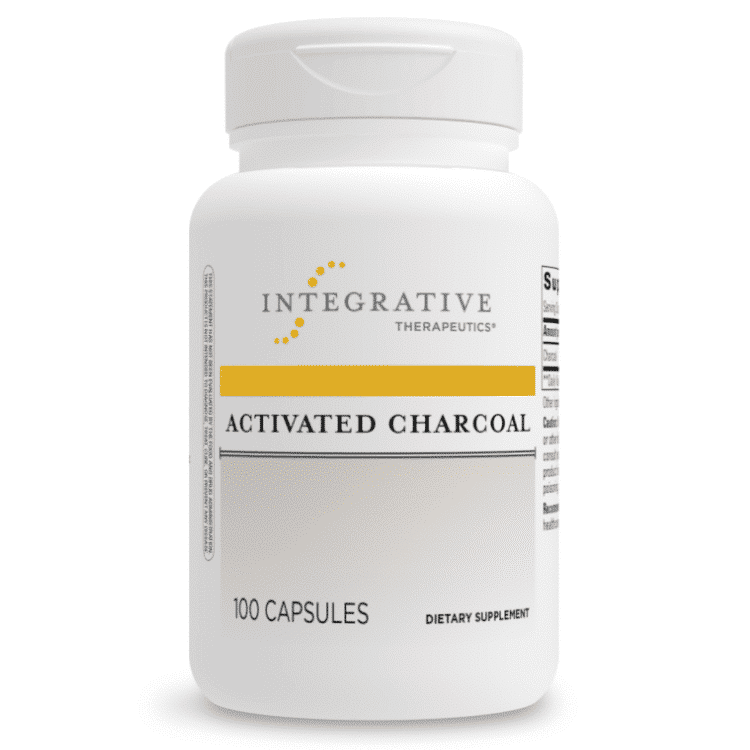 White bottle of Integrative Therapeutics Activated Charcoal, 100 capsules