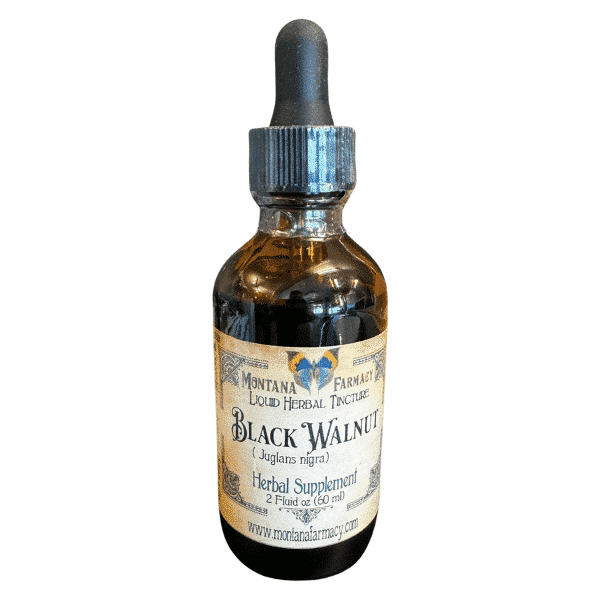 Black Walnut (Juglans Nigra) herbal supplement tincture in a brown bottle