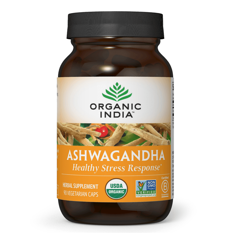Organic India Ashwagandha 90 Veg Caps bottle with USDA Organic and Non-GMO Project Verified seals