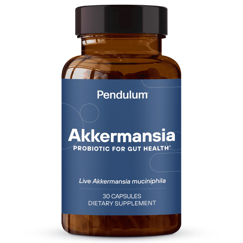 Brown bottle of Pendulum Akkermansia probiotic capsules for gut health