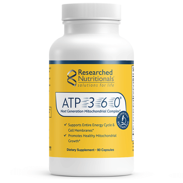ATP 360 supplement bottle with yellow label, 90 capsules