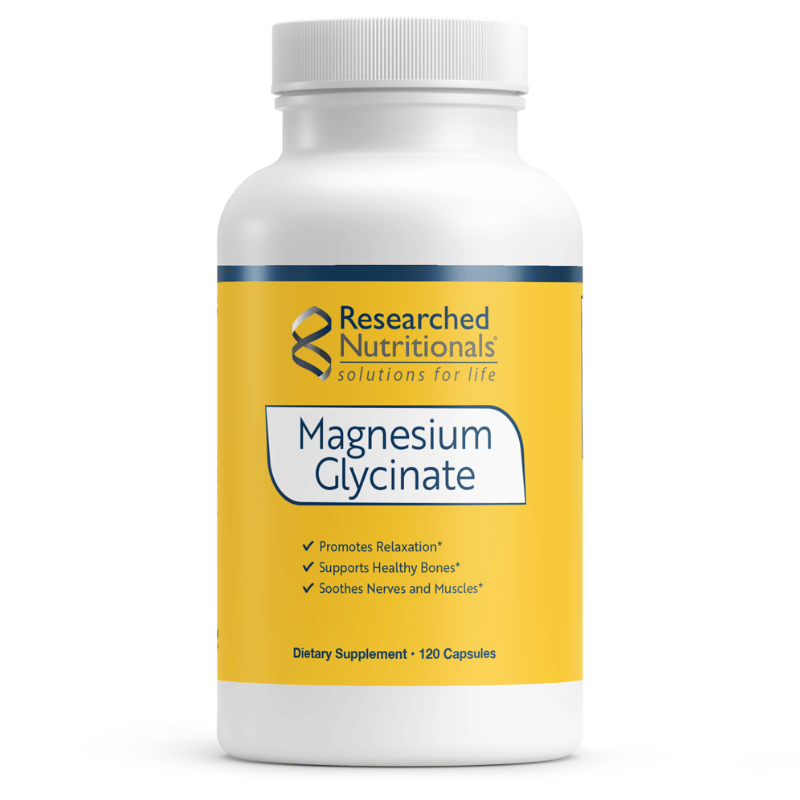 White bottle of Magnesium Glycinate, 120 capsules, yellow label