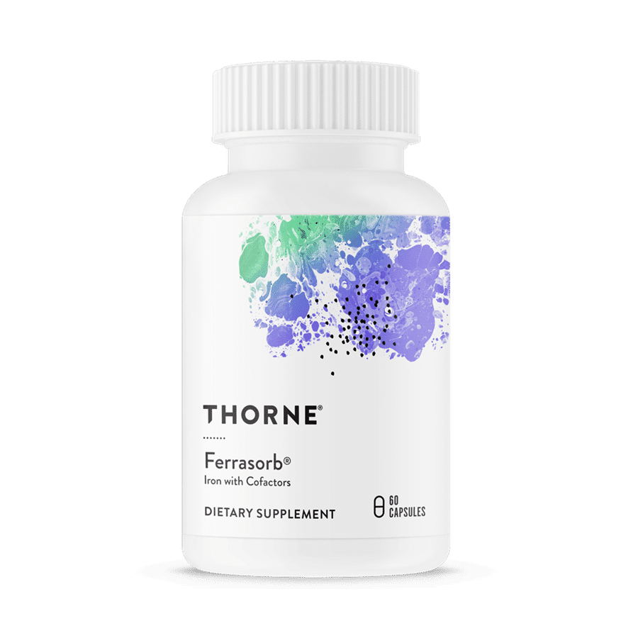 White Thorne bottle with green, blue, and purple abstract design for Ferrasorb dietary supplement, 60 capsules