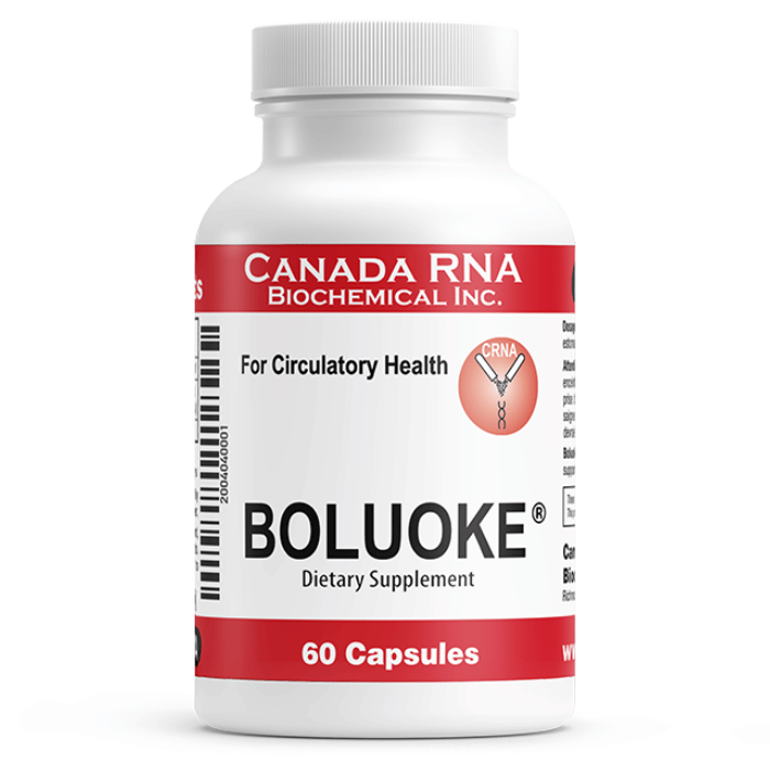 White bottle labeled Boluoke 60 capsules by Canada RNA Biochemical Inc.