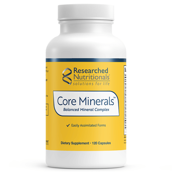 Core Minerals dietary supplement bottle, 120 capsules, yellow and white label