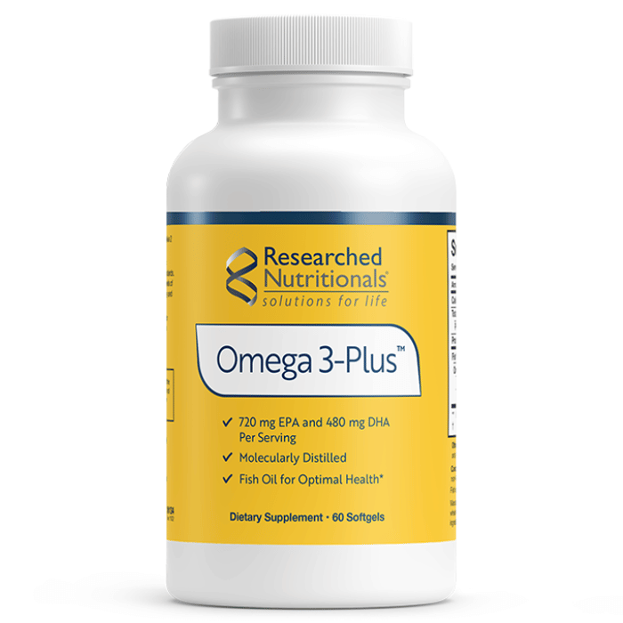 Researched Nutritionals Omega-3 Plus softgels bottle with EPA and DHA details