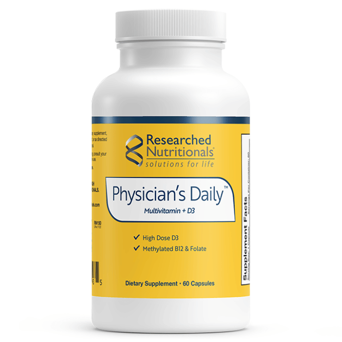 White bottle labeled Physician's Daily multivitamin with D3, 60 capsules